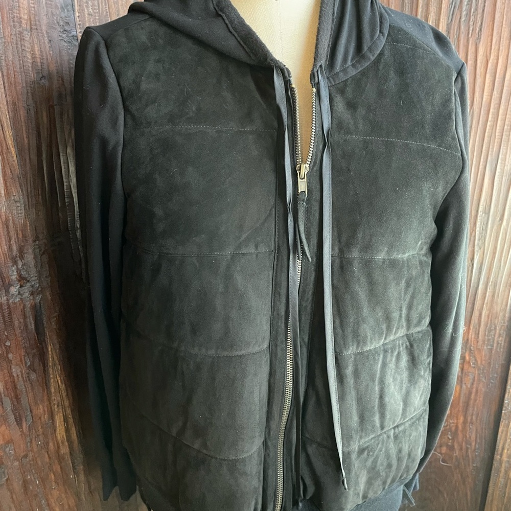 illia Goat Suede and Fleece Zip Front Puffer Hoodie with Side Zips in Black